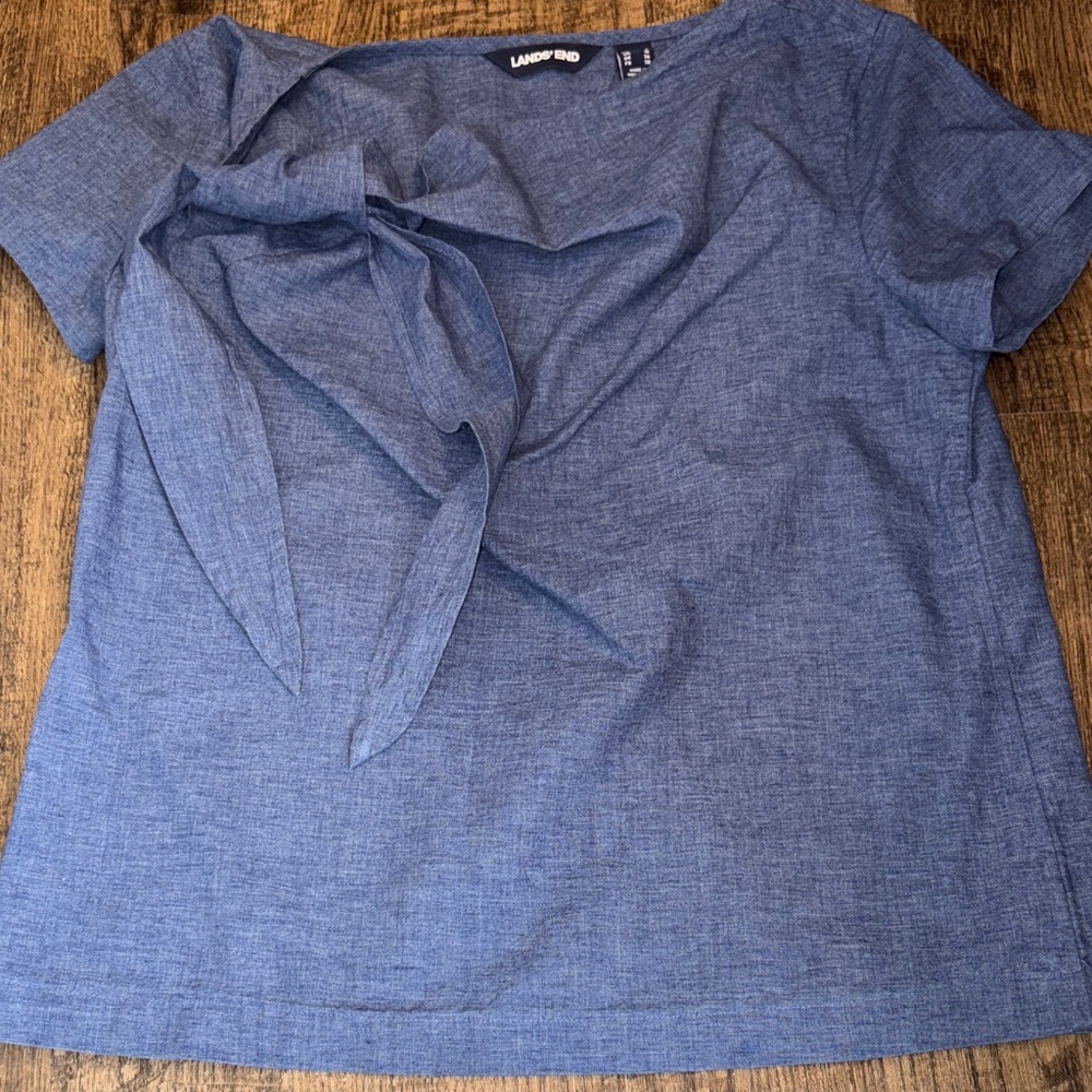 Lands' End Women's Blue Chambray Top Linen Blend Tie 60s Retro Small Medium